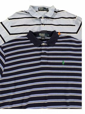 Lot of 2 Polo Ralph Lauren Blue Striped Polo Shirts Pony Logo Cotton Large